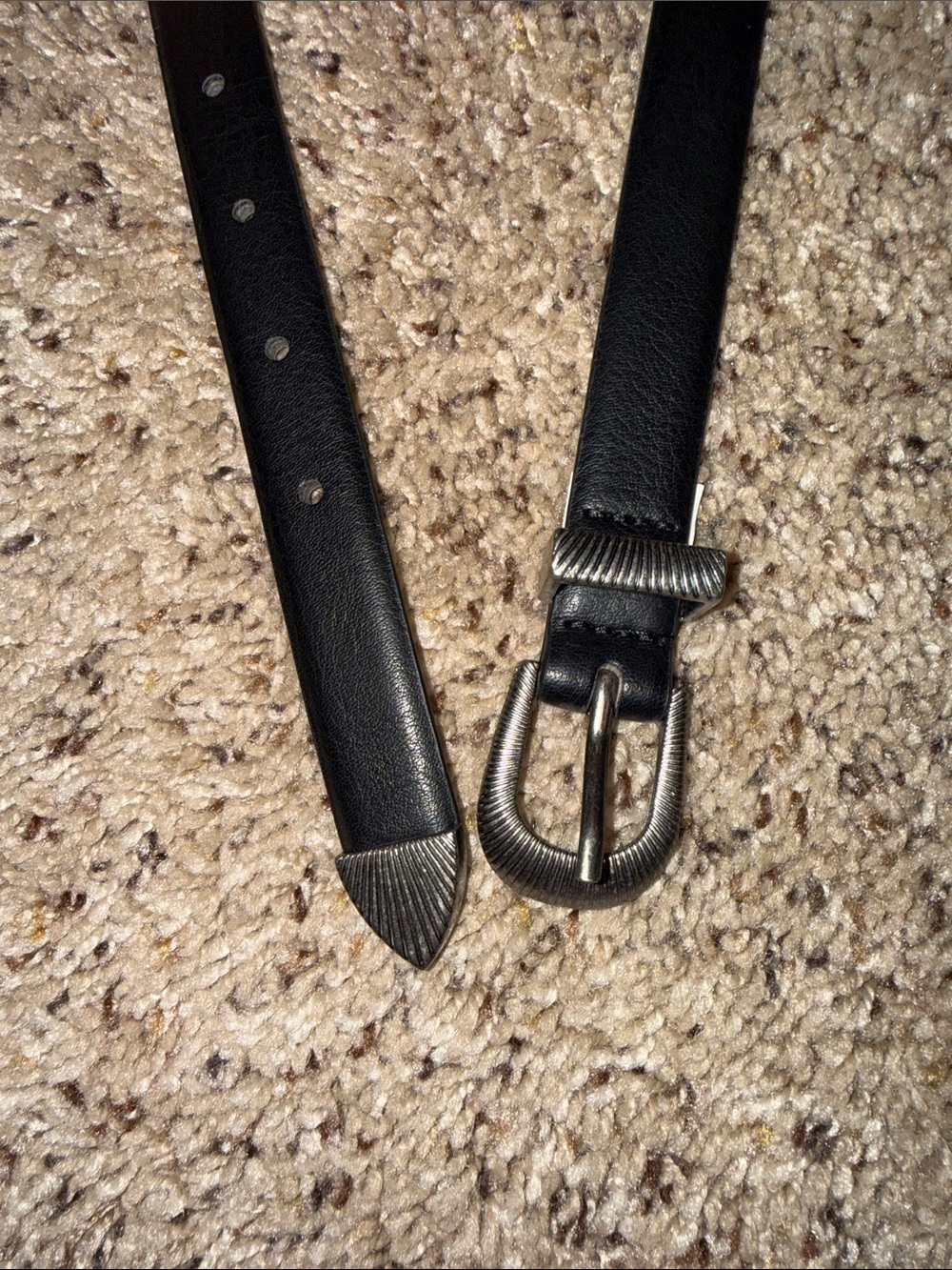 Black Leather Belt with Decorative Silver-Tone Buckle - Picture 2 of 5
